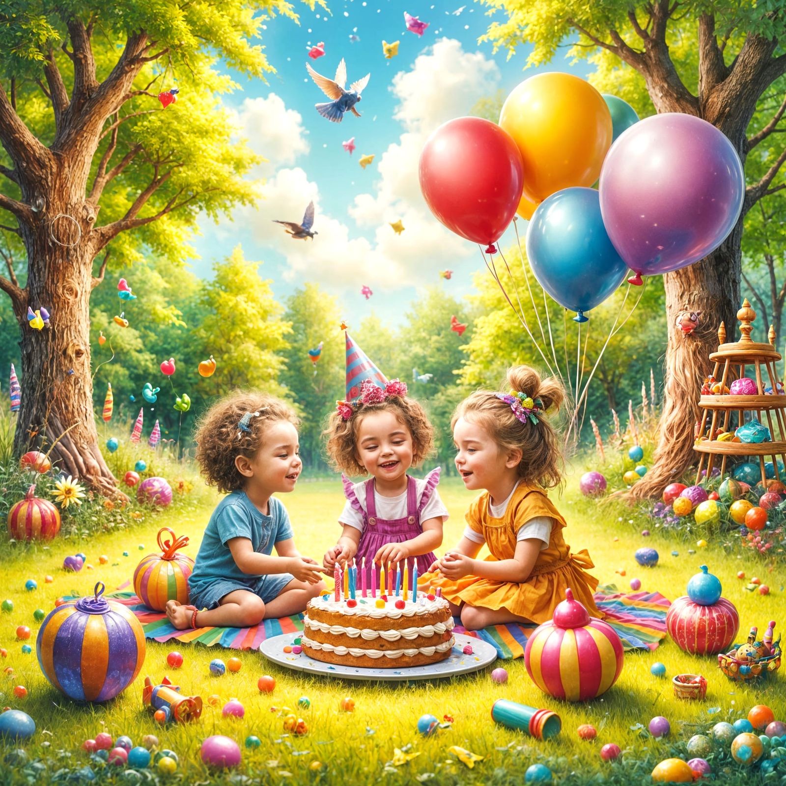 Joyful Children Celebrate Birthday in Vibrant Park Scene