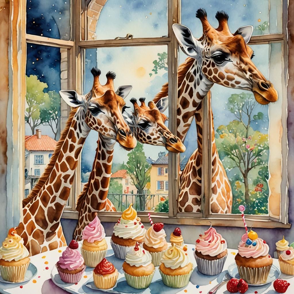 Giraffes Stealing Cupcakes: Whimsical Watercolour Illustrati...