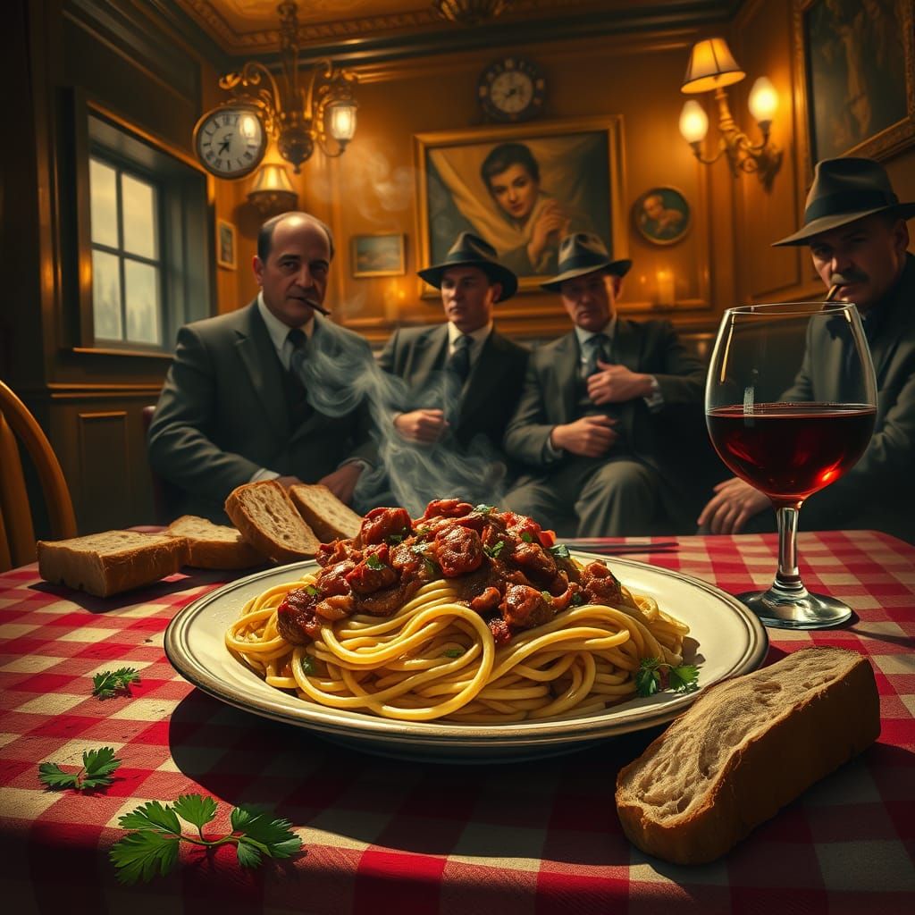 Classic Italian Restaurant Scene in Moody, High-Contrast Sty...