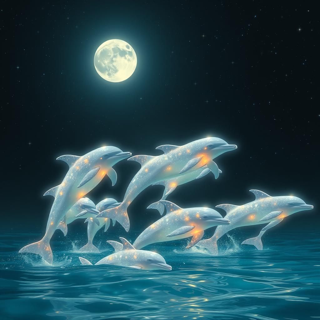 Ethereal Dolphins Leaping Under Moonlight in Fairy Style