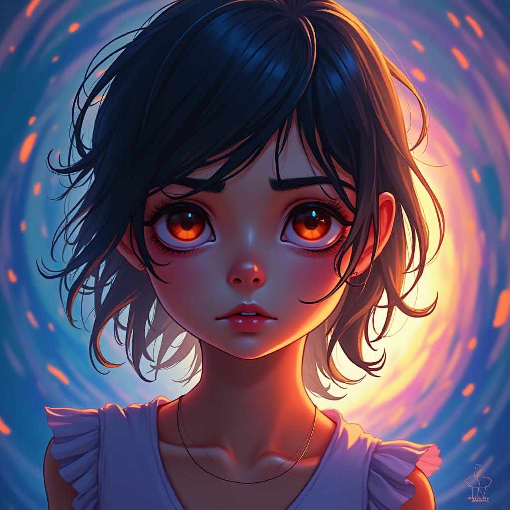 Grumpy Girl Portrait in Digital Painting Style