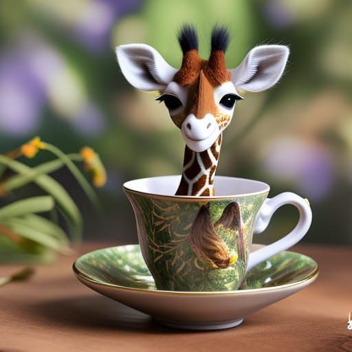 Baby Giraffe in Teacup: Detailed Digital Art