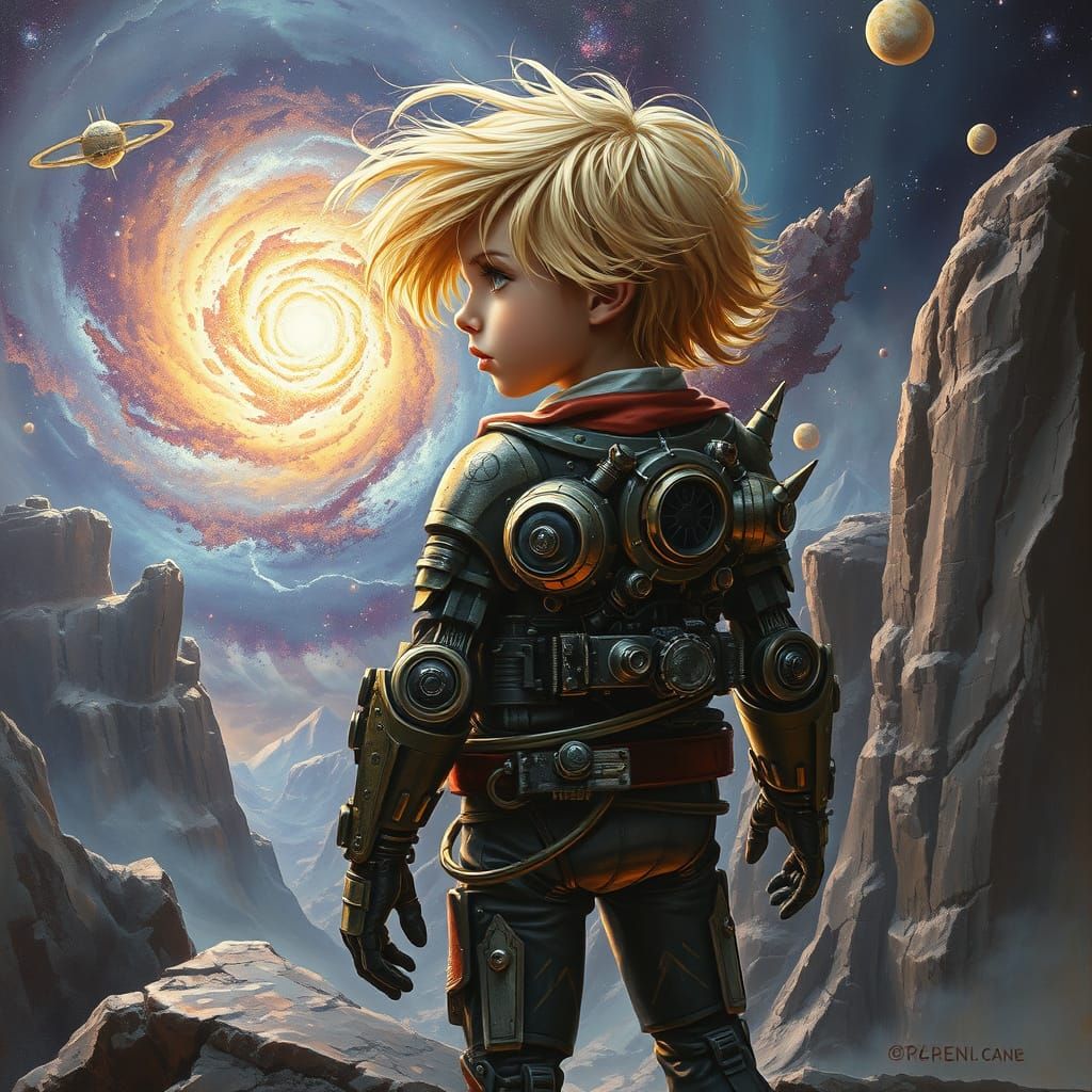Steampunk Automaton Boy Gazing at Galaxy