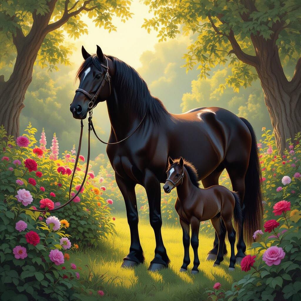 Black Friesian Horse and Foal in Sunlit Garden
