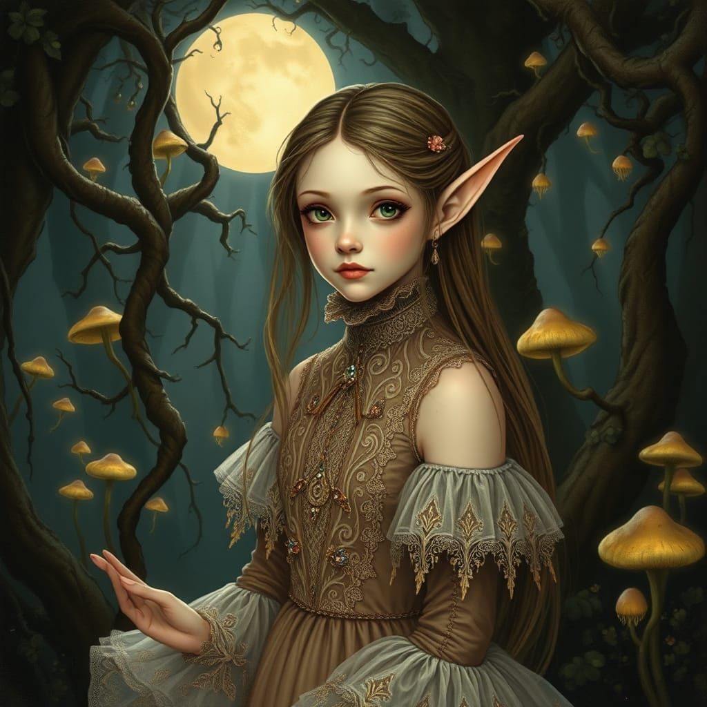 Victorian Elf in Moonlit Forest, Arthur Rackham Style