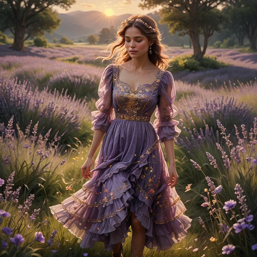 Woman in Purple Dress in Lush Meadow