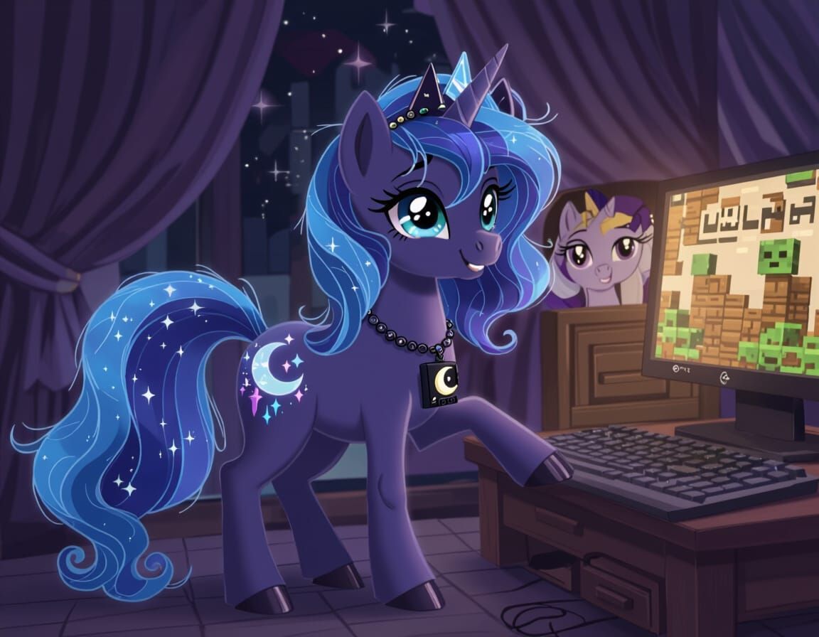Baby Princess Luna Playing Minecraft in Whimsical Digital Ar...