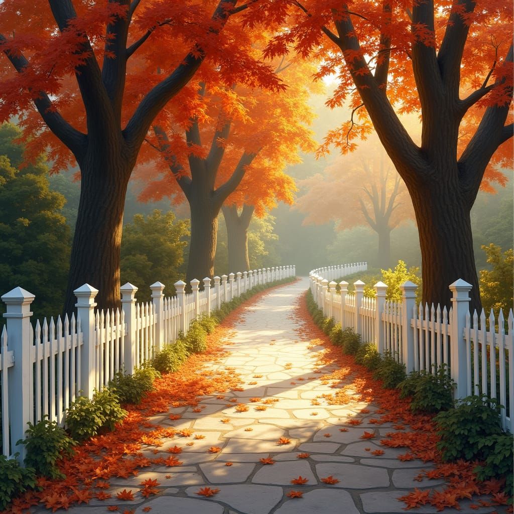 Autumn Path with Picket Fence in Impressionist Style