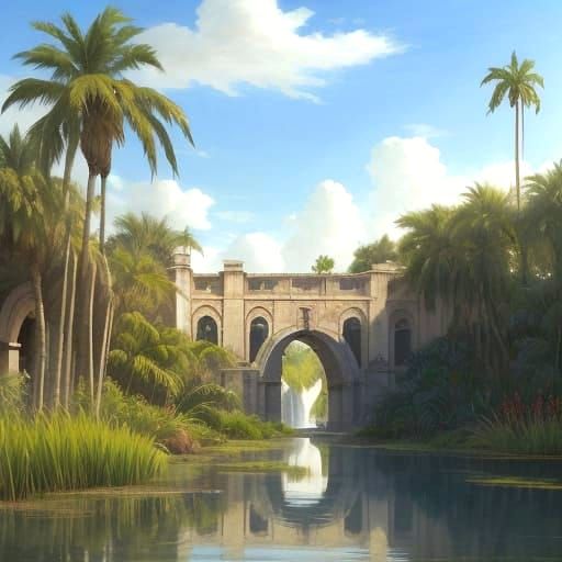 Historical Noria Irrigation Wheel Amidst Lush Reeds and Palm...