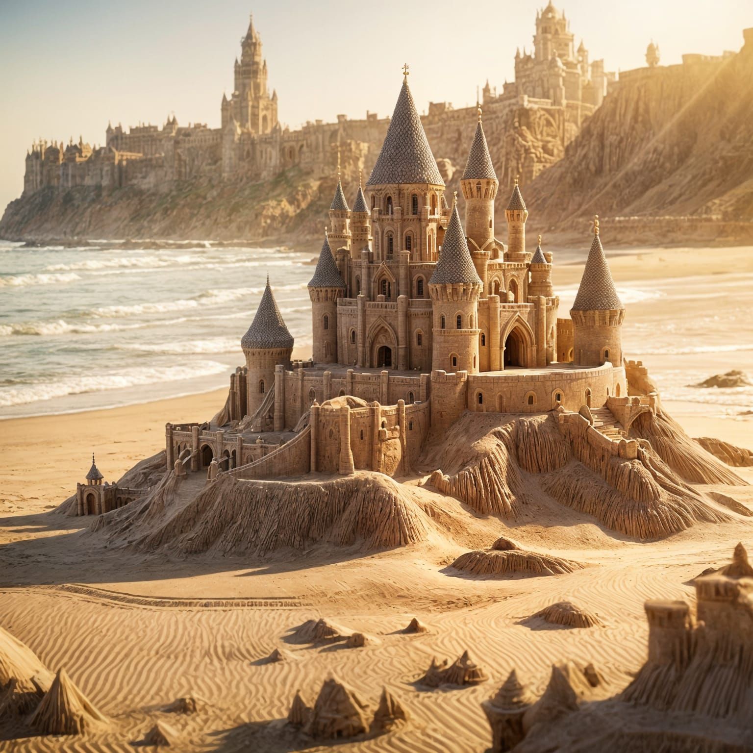 Intricate Sandcastle on Beach at Sunset