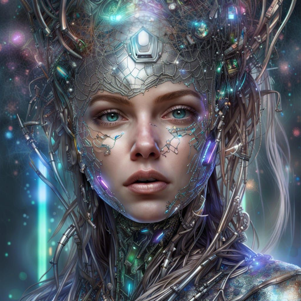 Iridescent Cyborg Portrait with Cosmic Aura