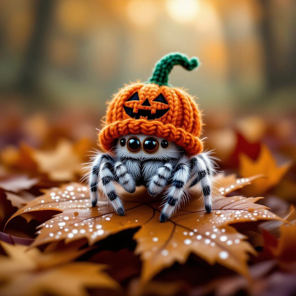 Fluffy Spider in Pumpkin Hat on Autumn Leaf
