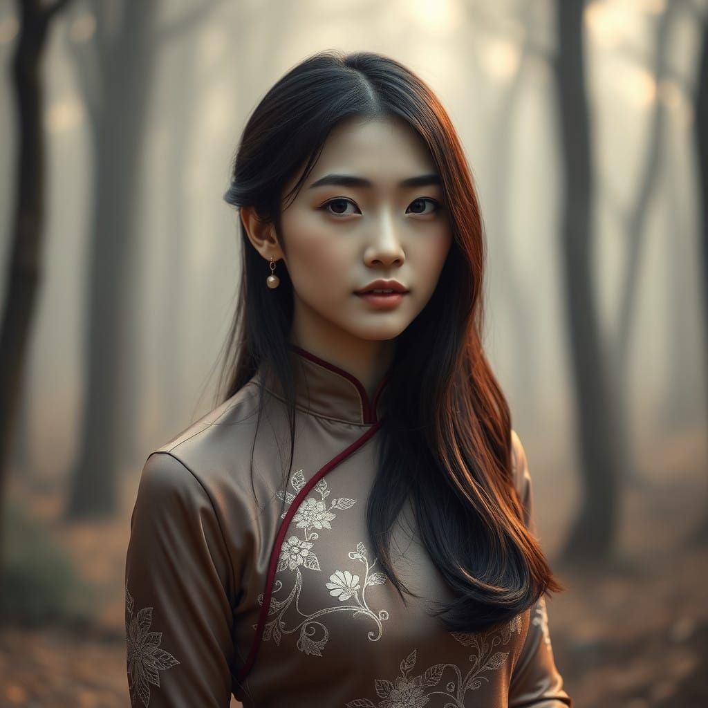 Serenely Beautiful Asian Young Woman in Misty Forest