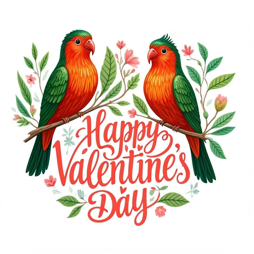 Whimsical Love Birds Amidst Blooming Branches in Folk-Art St...