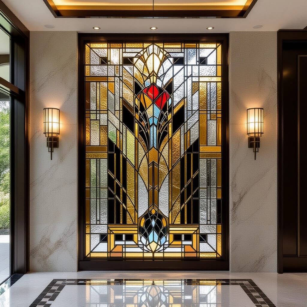 Art Deco Stained Glass Wall Art in Frank Lloyd Wright Style