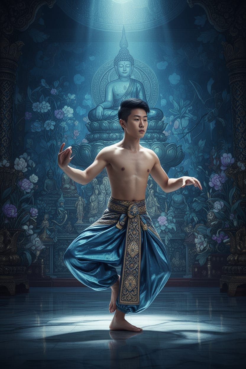 Young Man in Temple Dance, Hyperrealistic Mural Style