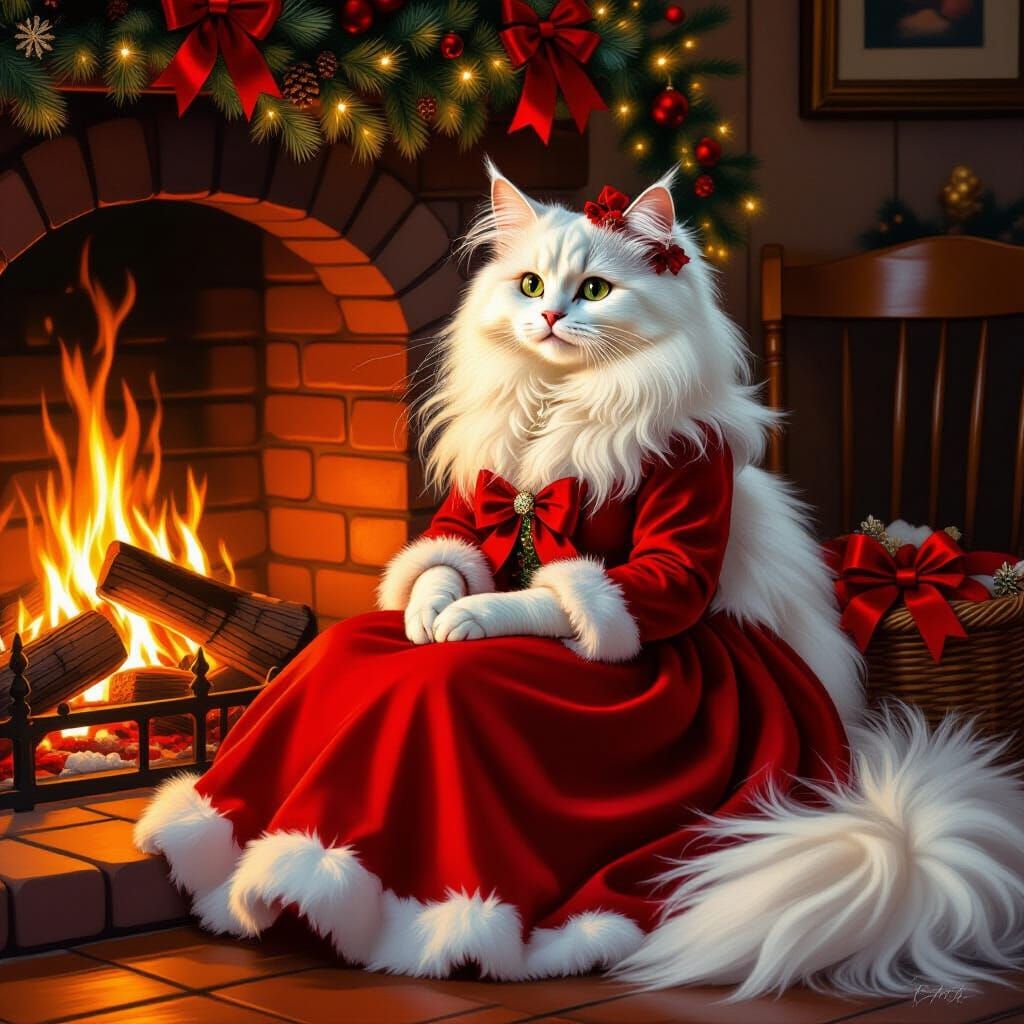 Festive Cat by Fireplace in Rockwell Style