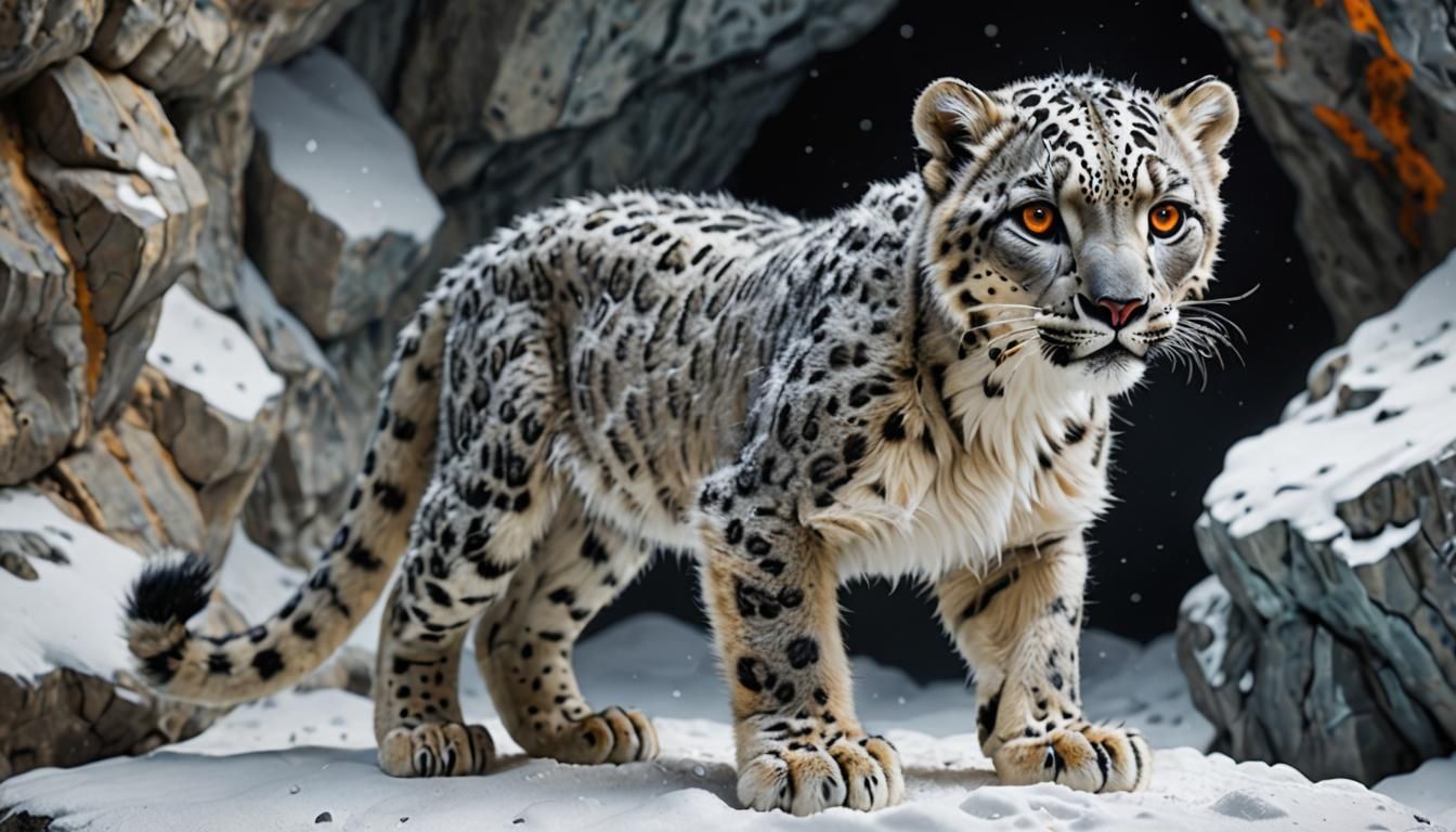 Newborn Snow Leopard with Robotic Eyes in Crystal Cave
