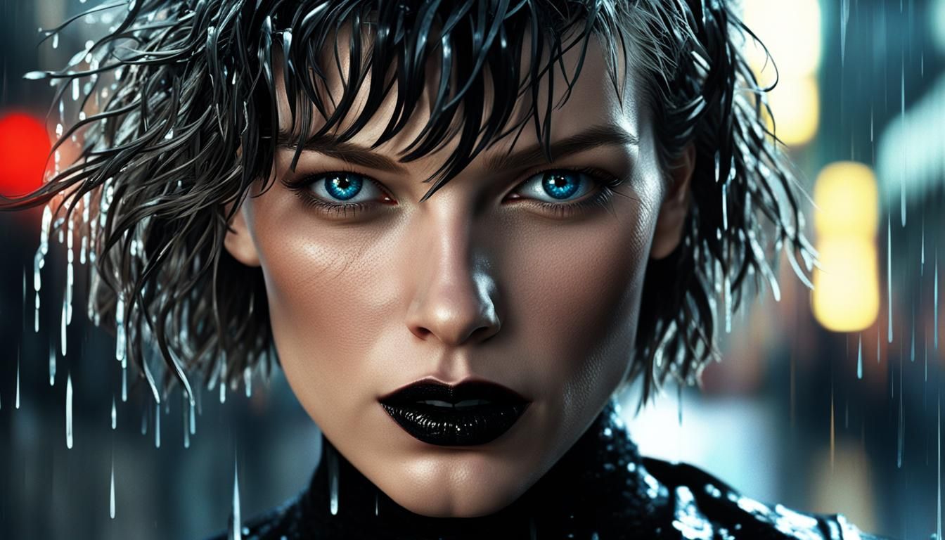 Milla Jovovich in Cyberpunk Cityscape with Wet Hair