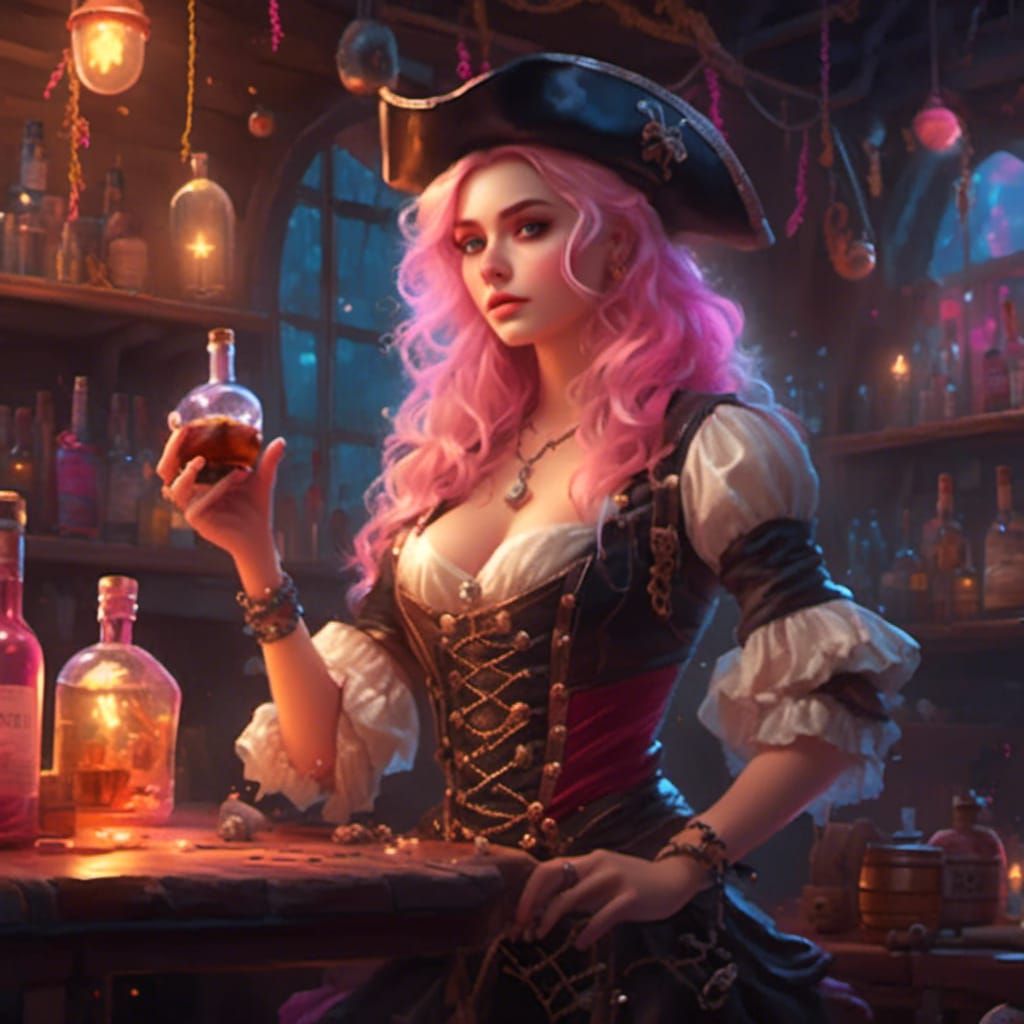Blonde Pirate Girl with Rum in Dreamy Darkness