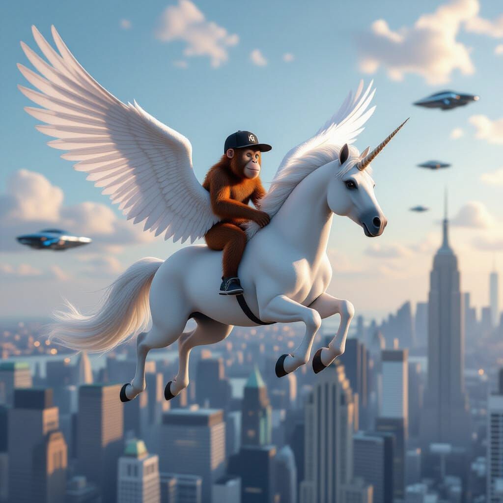 Orangutan Rides Realistic Pegasus Over Futuristic NYC