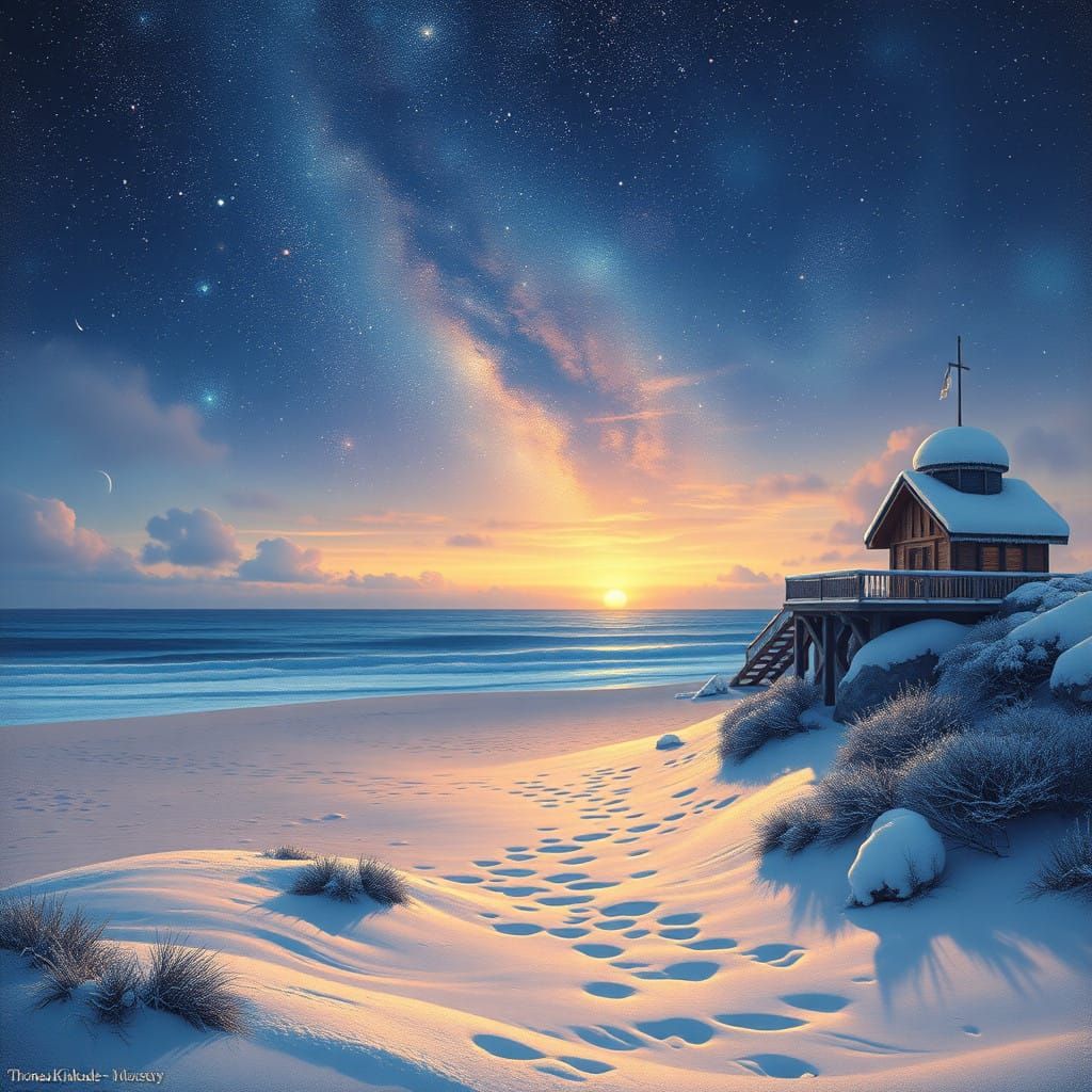 Winter Beach Sunset Galaxy: Ethereal Fantasy Landscape