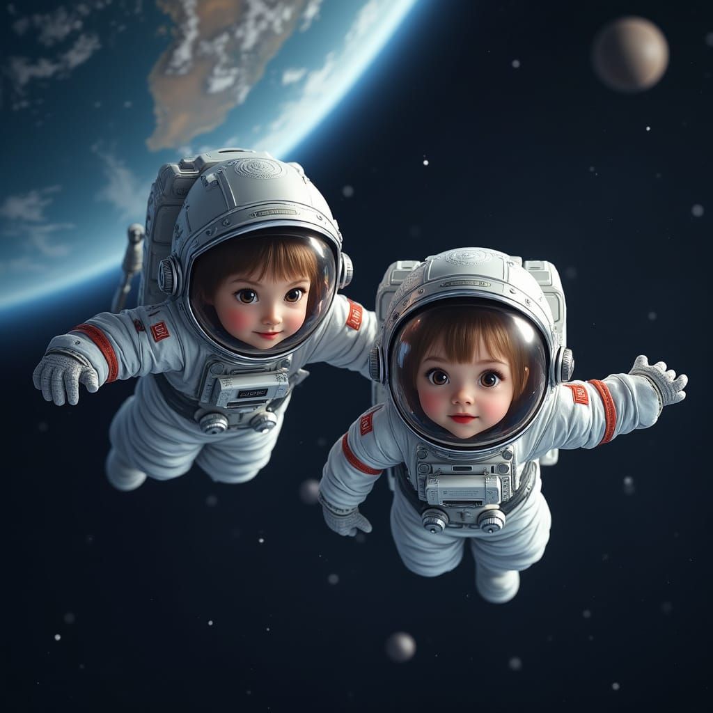 Children in Space Suits Floating Near Earth, Hyperrealistic