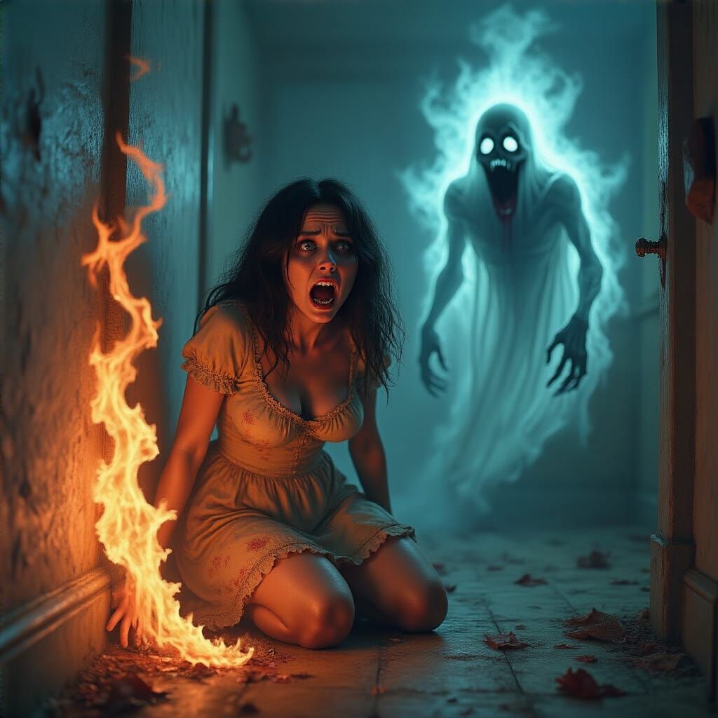 Terrified Woman in Macabre Horror Scene
