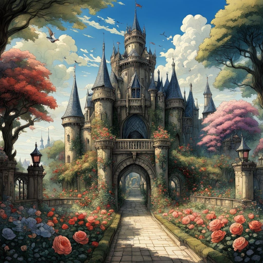 Fantasy Castle Gate in Rose Garden