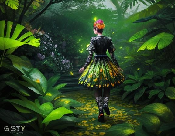 Botanical Garden Pencil Drawing with Fluorescent Accents