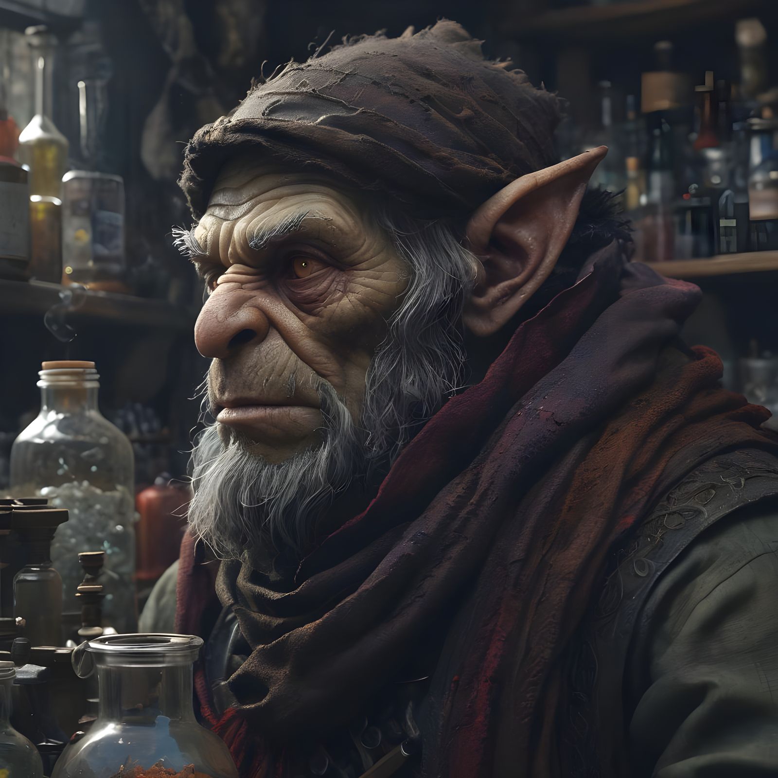 Goblin Alchemist Portrait Inspired by Engraving Art