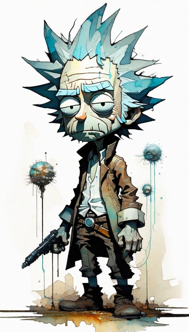 Chibi Rick Sanchez in Detailed Watercolor Painting