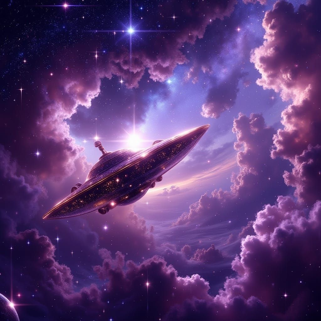 Hyperrealistic Spaceship Sails Through Ethereal Nebulae