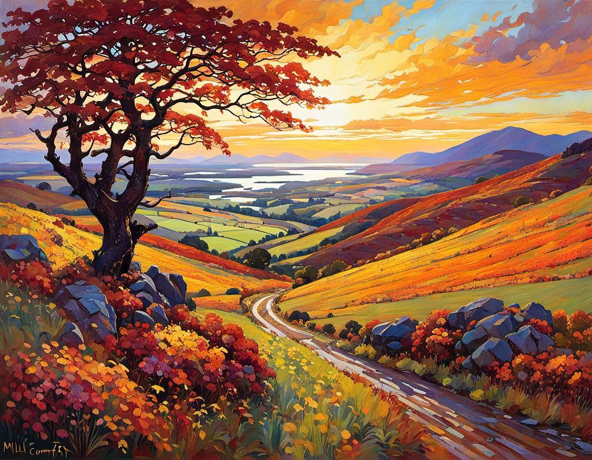 Scottish Autumn Landscape in Tiffany Style