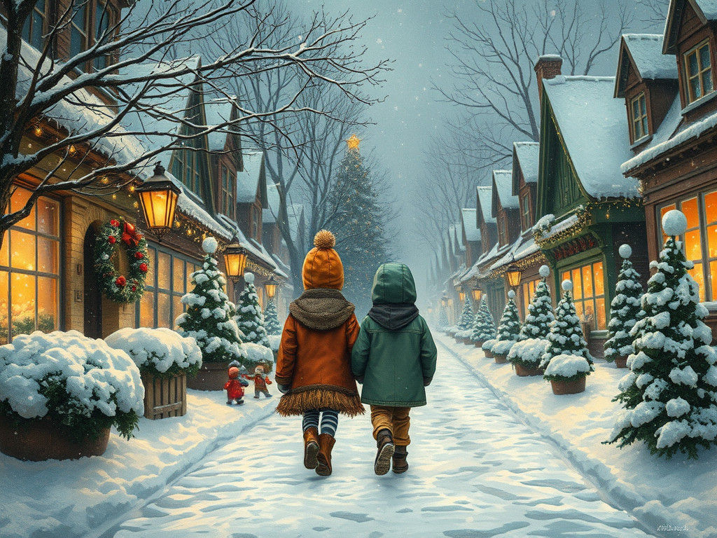 Christmas Street Scene Inspired by Surrealist Illustration