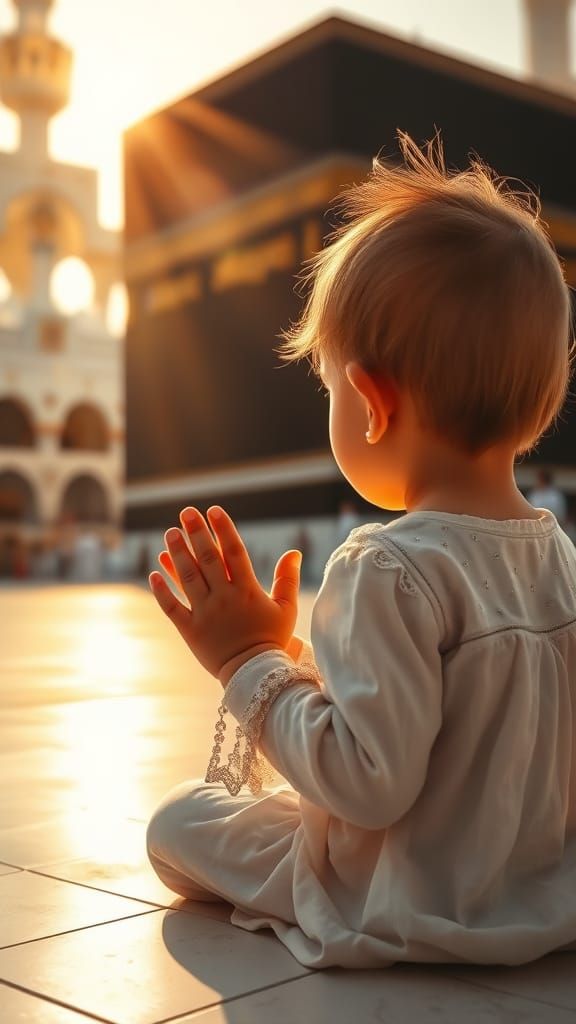 Baby Girl Prays Before Kaaba in Golden Hour Light
