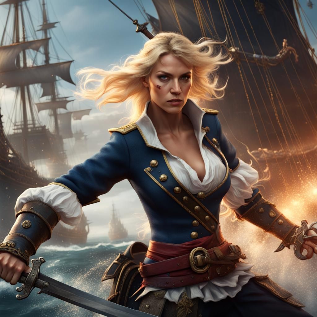 Blonde Pirate Woman Sword Fight: Detailed Matte Painting