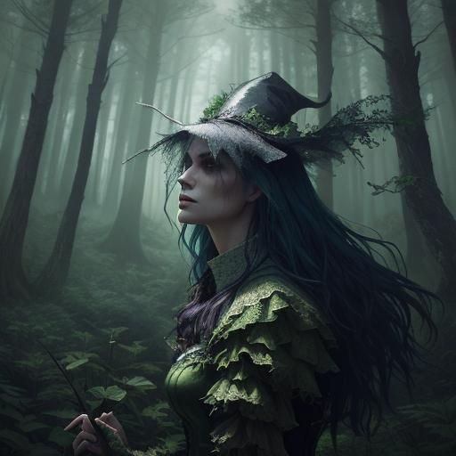 Detailed Forest Witch in Mist: Hyperrealistic Splash Art