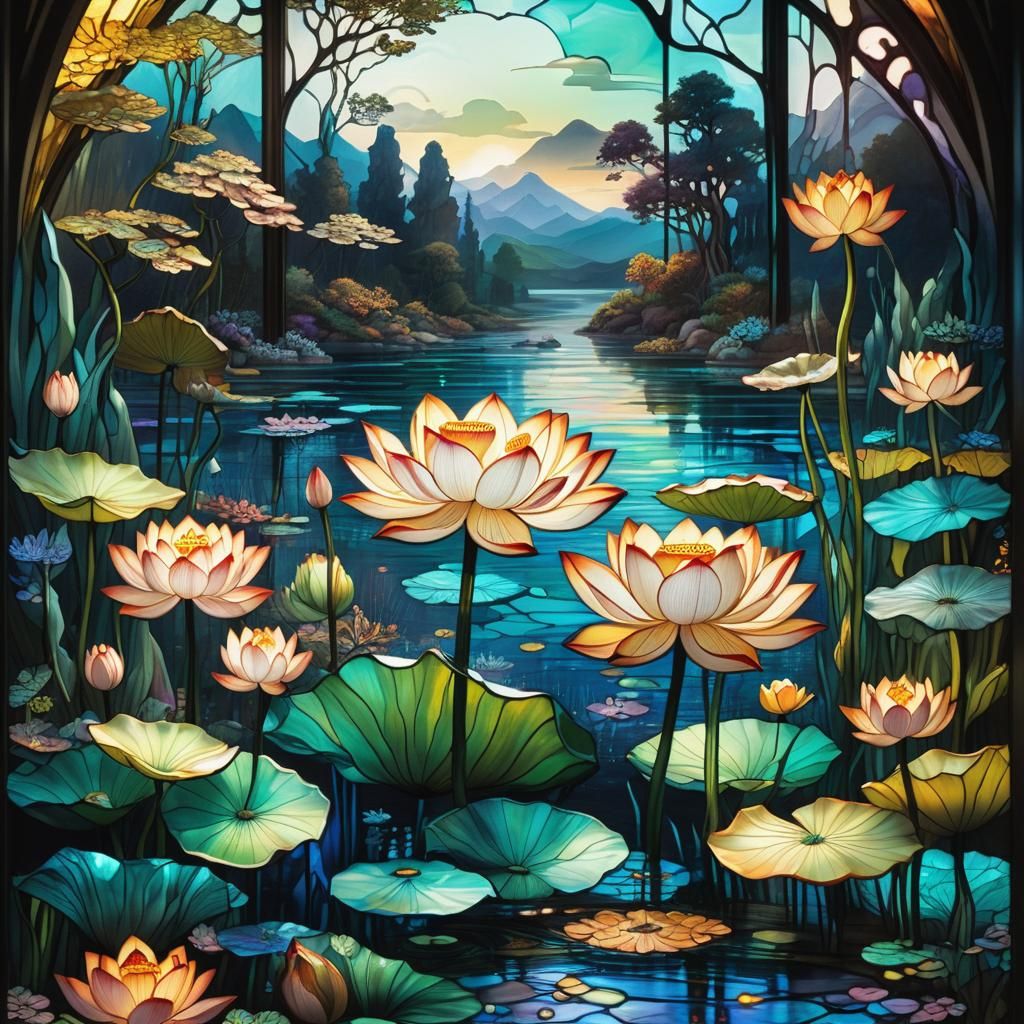 Stained Glass Lotus Lake Landscape in 8K