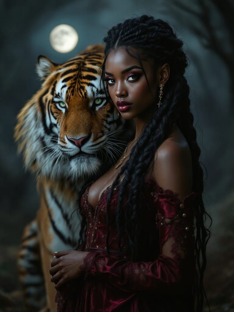 Ethereal Vampire Goddess with Tiger by Her Side in Moody Vic...
