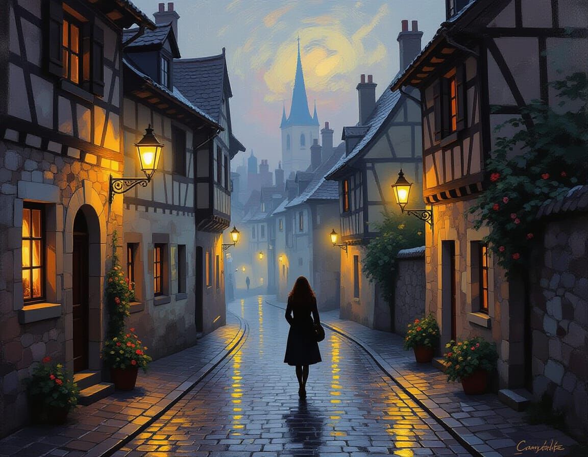 European Alleyway at Night with Woman in Impressionist Style