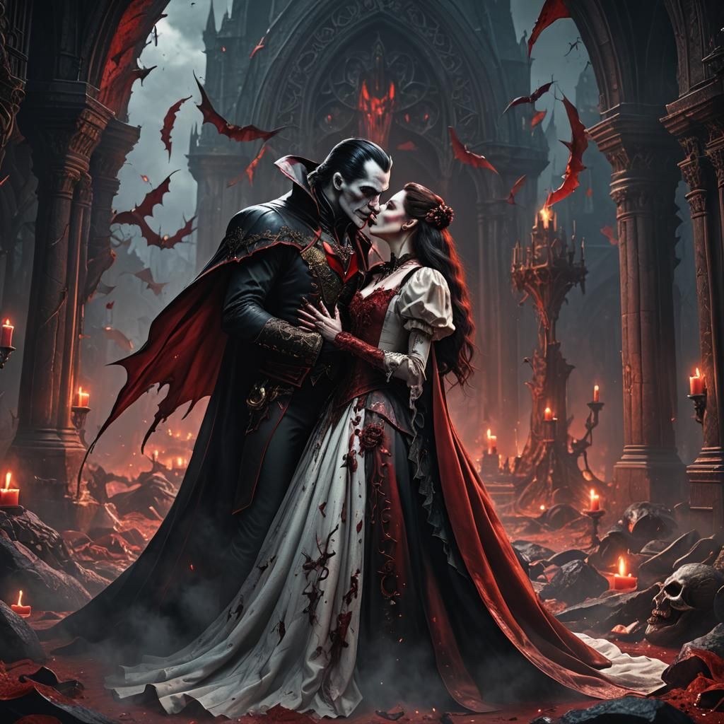 Dracula Couple Share a Kiss: Detailed Matte Painting
