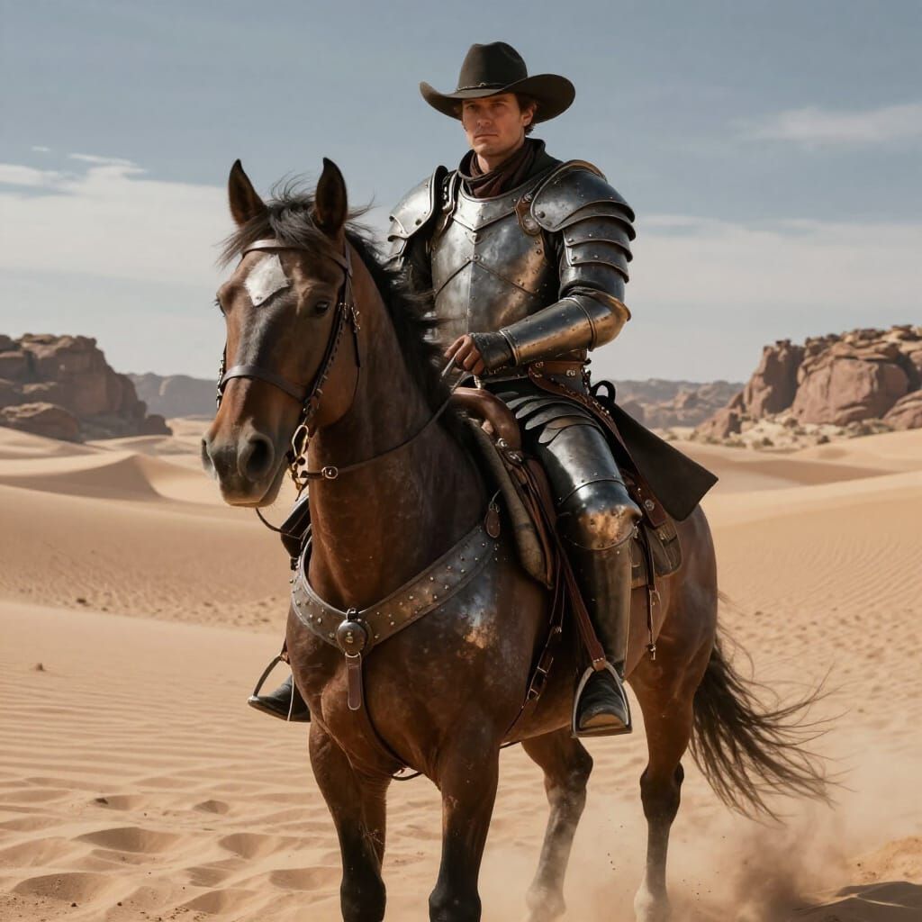 Armored Cowboy Rides Through Epic Desert Landscape