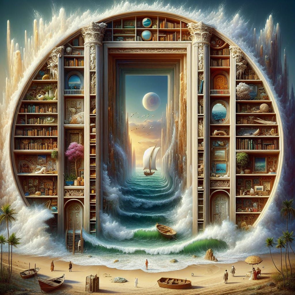 Dreamlike Seascape Painting Framed by Bookshelves