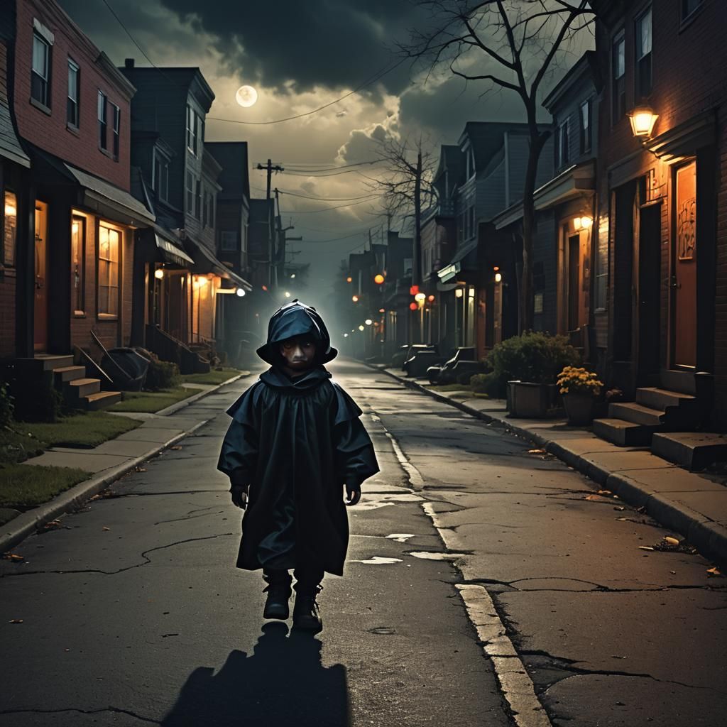 Eerie Halloween: Child in Shadows, a Dark Fantasy Scene