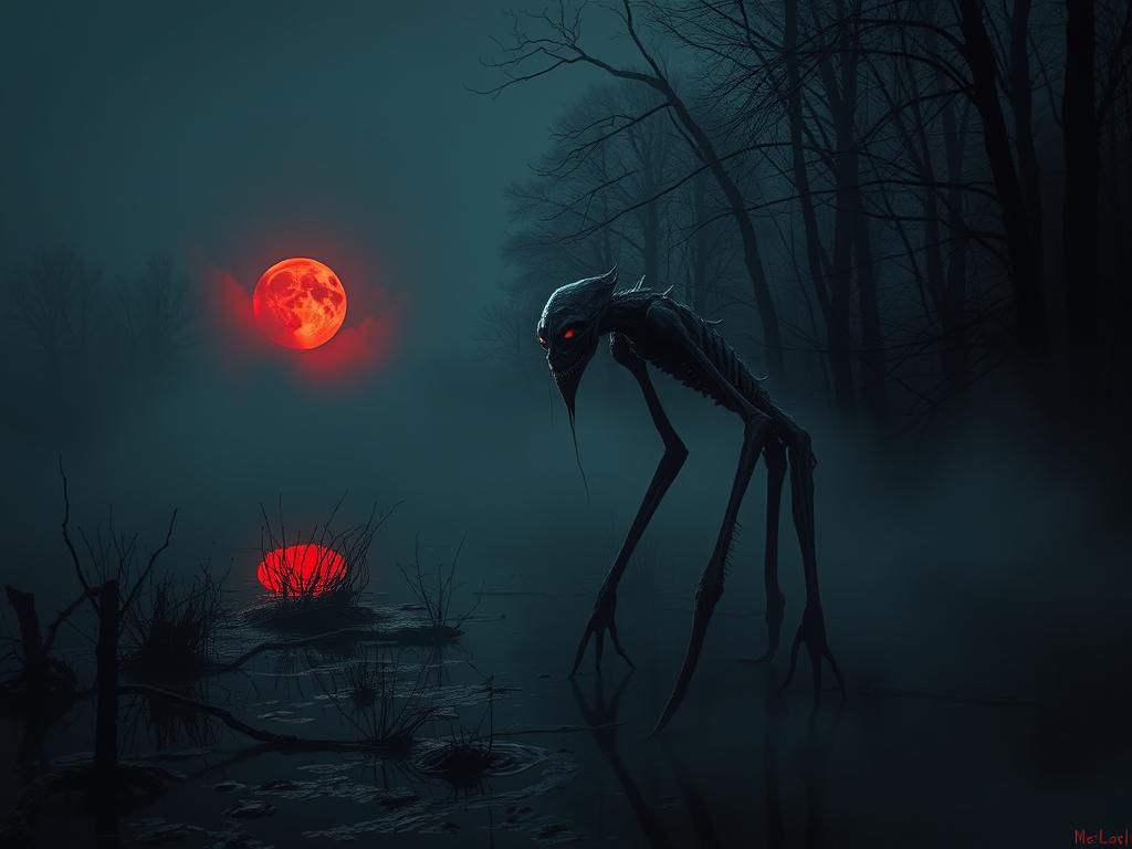 Misty Swamp with Black Waters, Dreary swamp creature with eerie glow from the red harvest moon