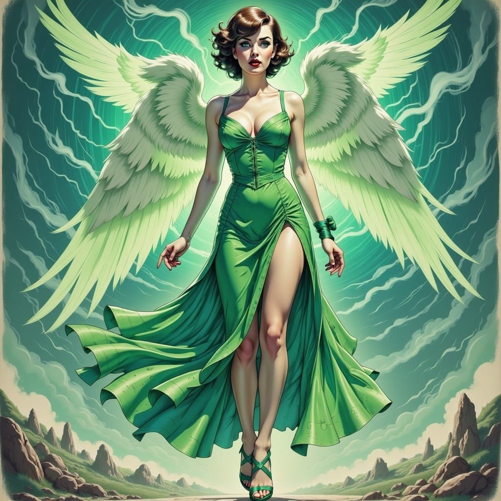 Anime Angel Warrior in Green Lace Dress