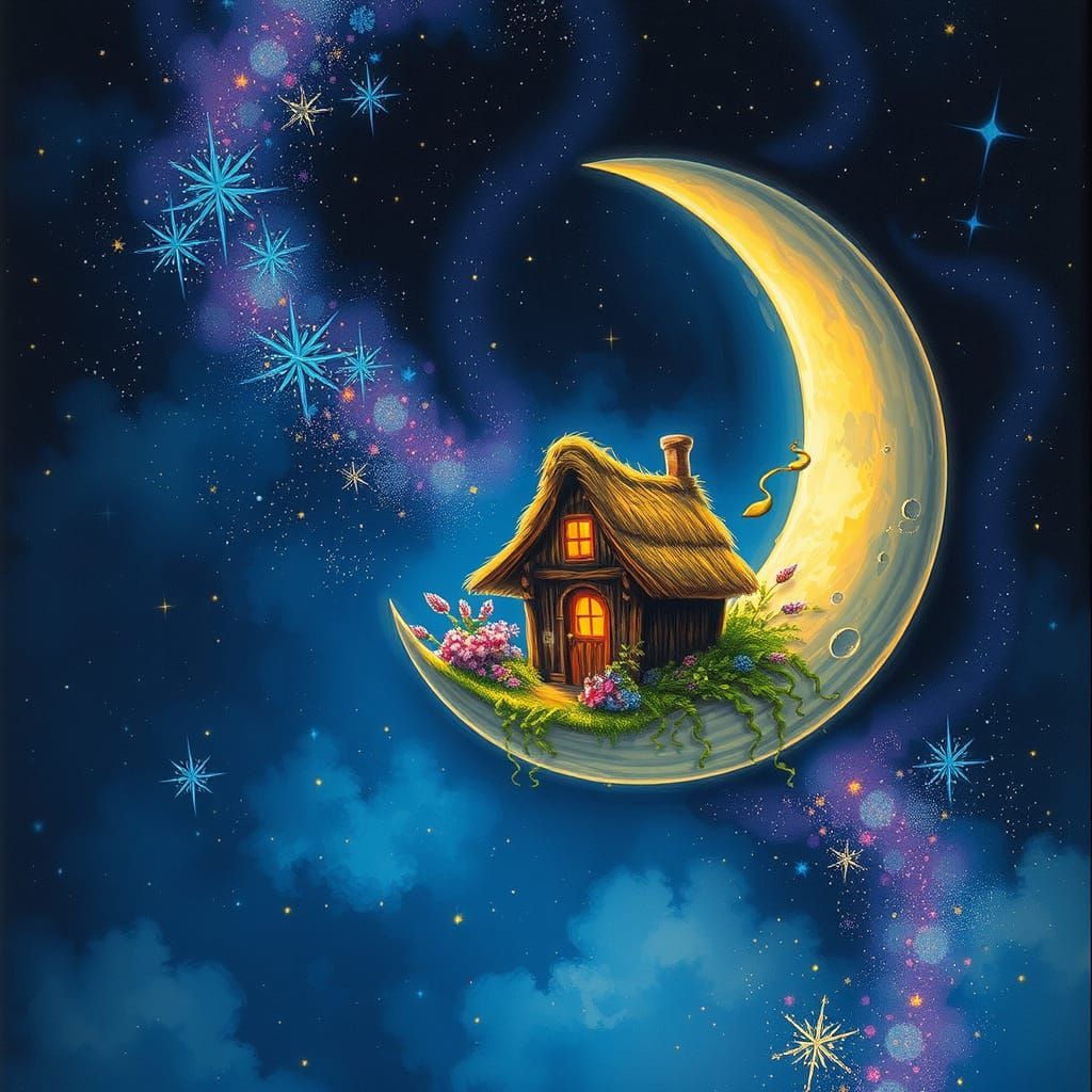 Cottage on the Moon in Starry Night Sky