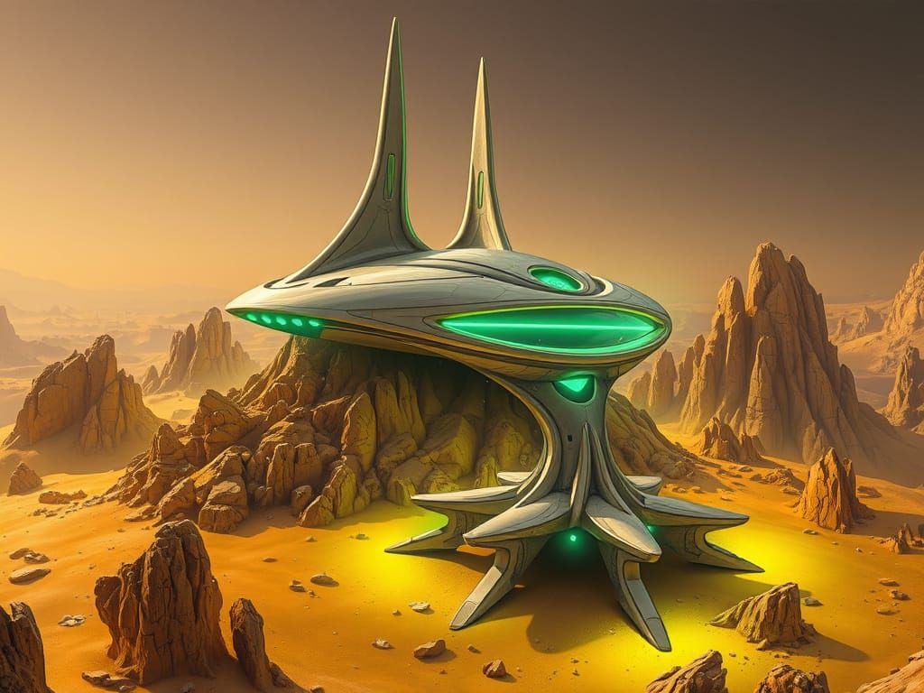 Surreal Space Station Emerges from Rocky Terrain in Ethereal...