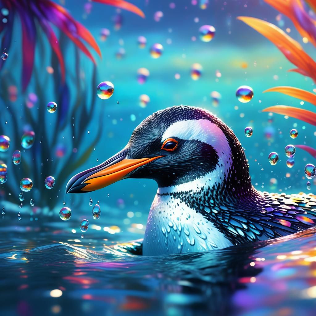 Penguin Swimming: Vibrant Oil Painting in Sunlight